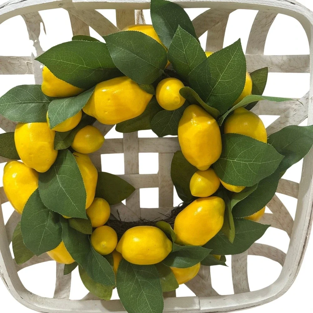 Farmhouse White Tobacco Basket Lemon Wreath Wall Decor Rustic Citrus 18x18